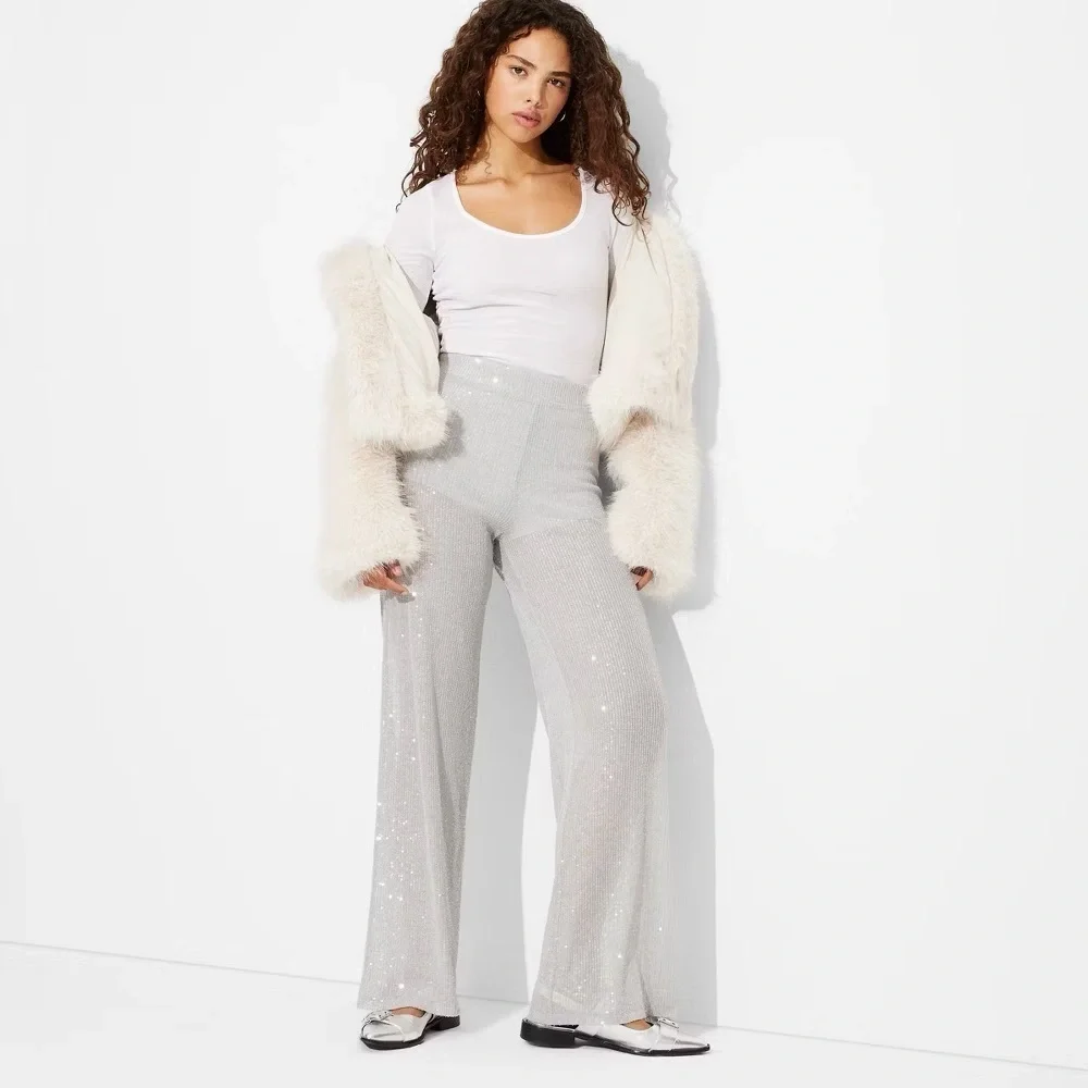 Mid-Rise Wide Leg Holiday Sequin Pants - Wild Fable Gray/Silver NWT